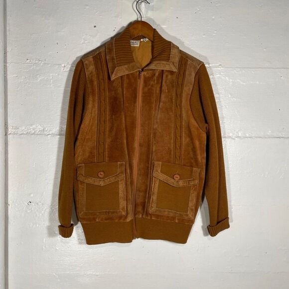 Vintage Suede Knit Jacket M 70s Orange Brown Cowhide Full Zip Retro Ricky Style - Picture 2 of 14